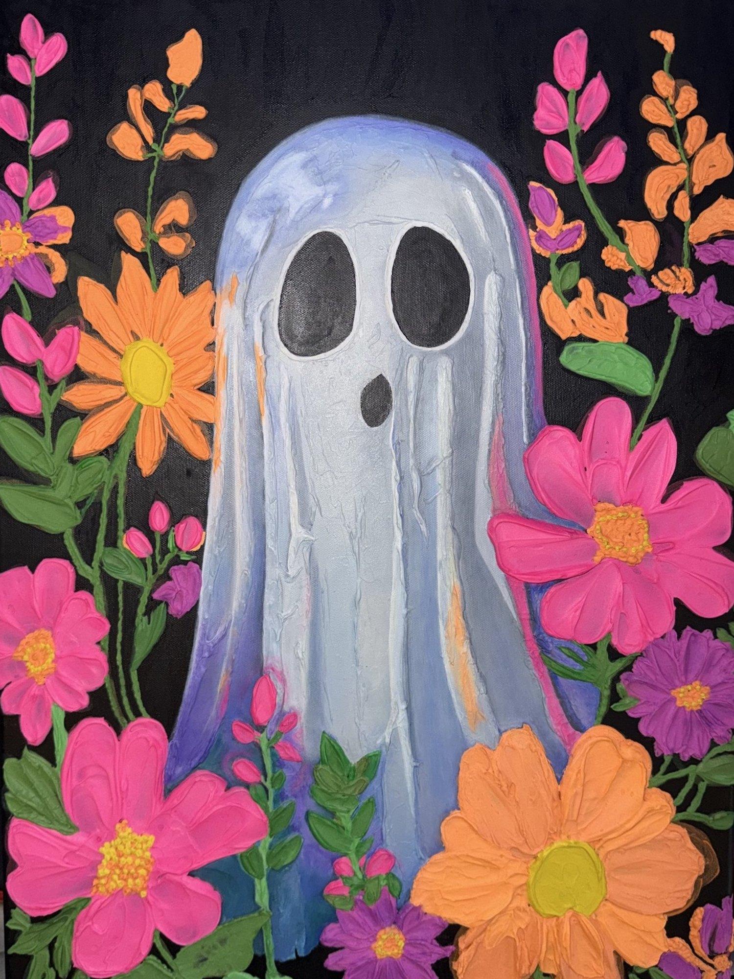 A pale sheet ghost with round black eyes standing in a garden of raised neon pink, orange and purple flowers on a black canvas.